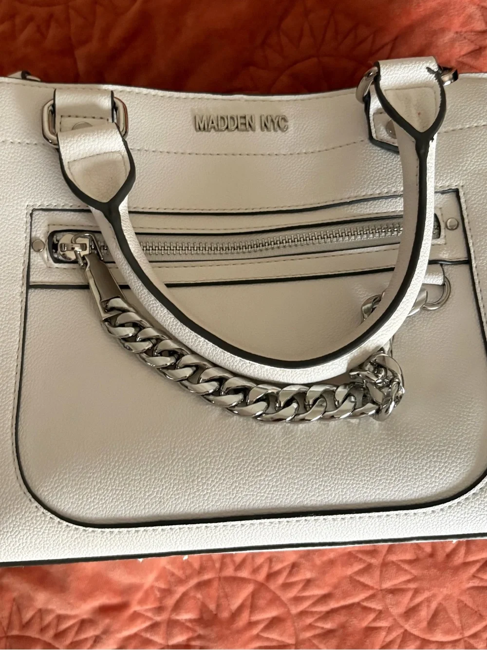 Madden NYC White Leather Satchel with Silver Chain Accent
